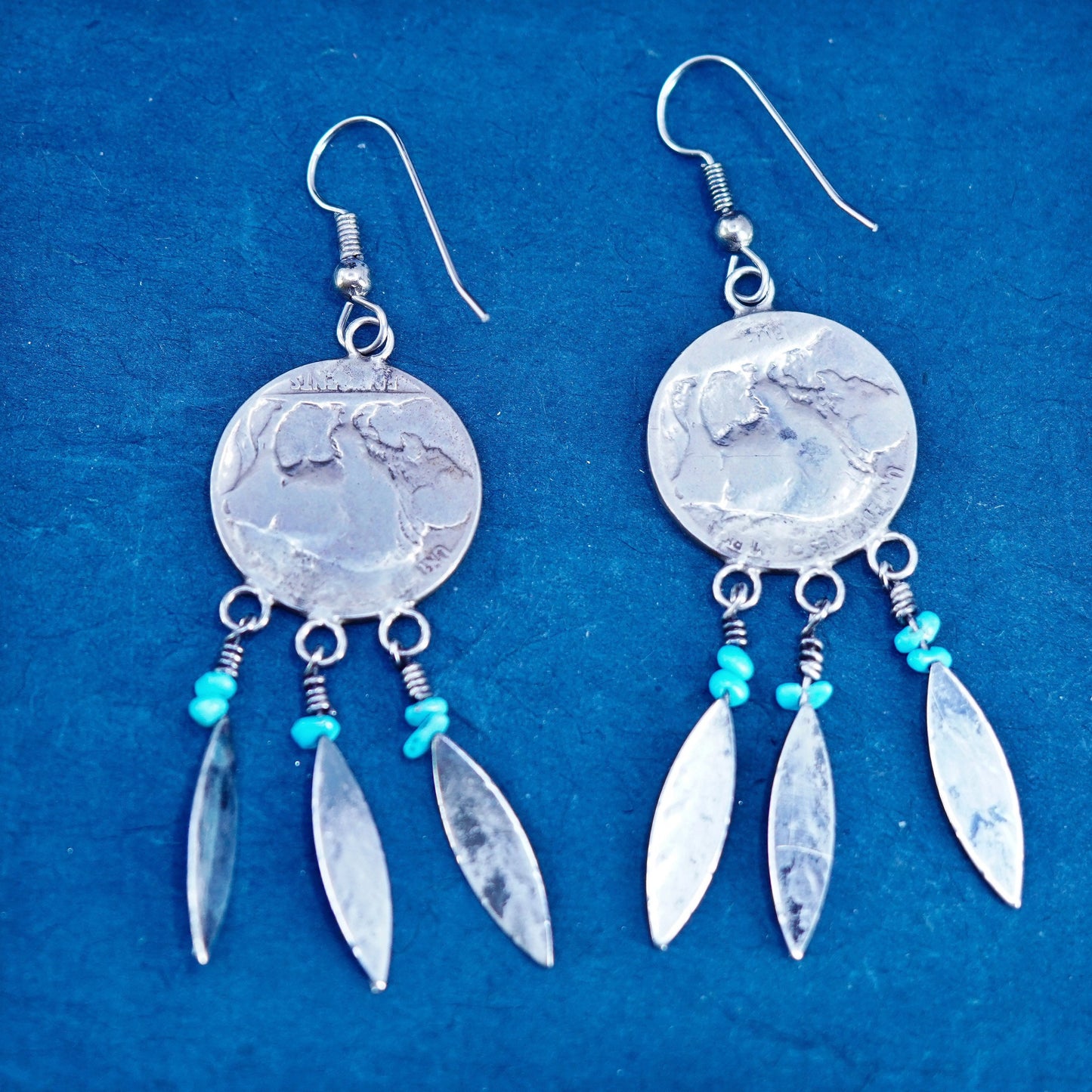 Native American silver tone handmade earrings with Buffalo nickel and feather
