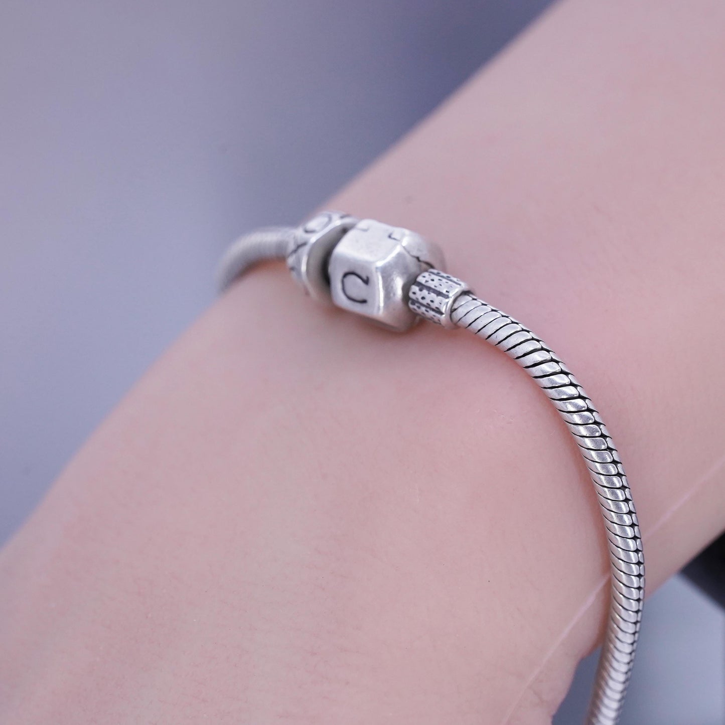 7.5”, Sterling 925 silver bracelet, bold snake chain pink flower bead charm
