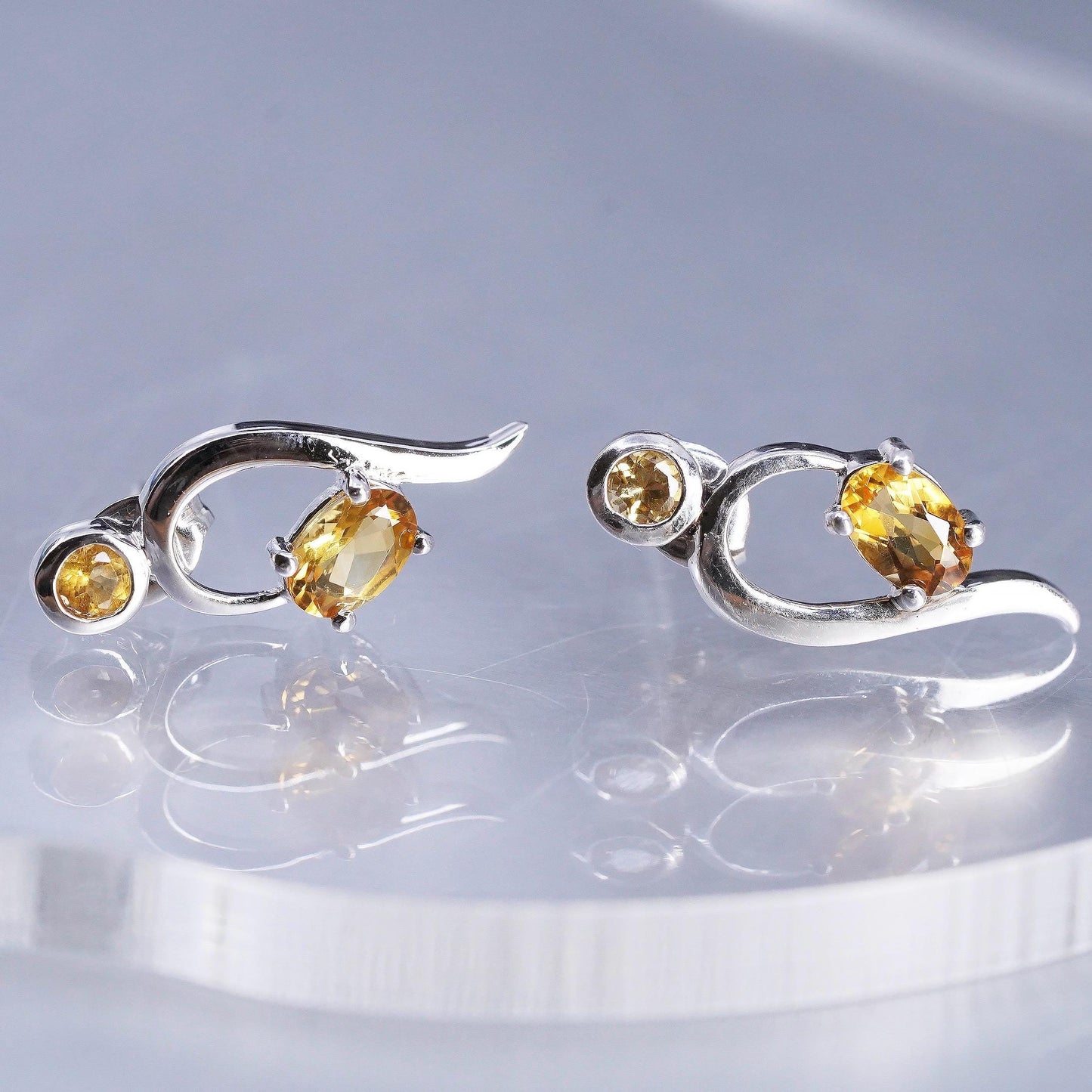 Vintage minimalist Modern wave Sterling Silver Earrings, 925 Studs citrine
