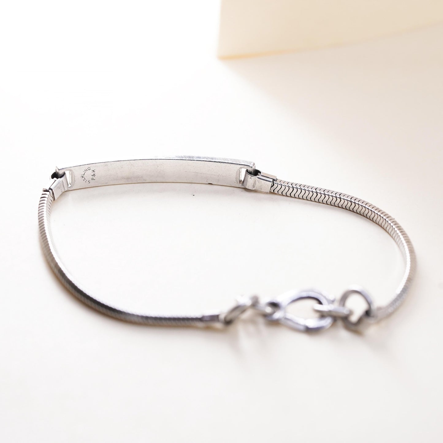 7.5", sterling silver bracelet, Italy 925 square snake chain name tag Janet