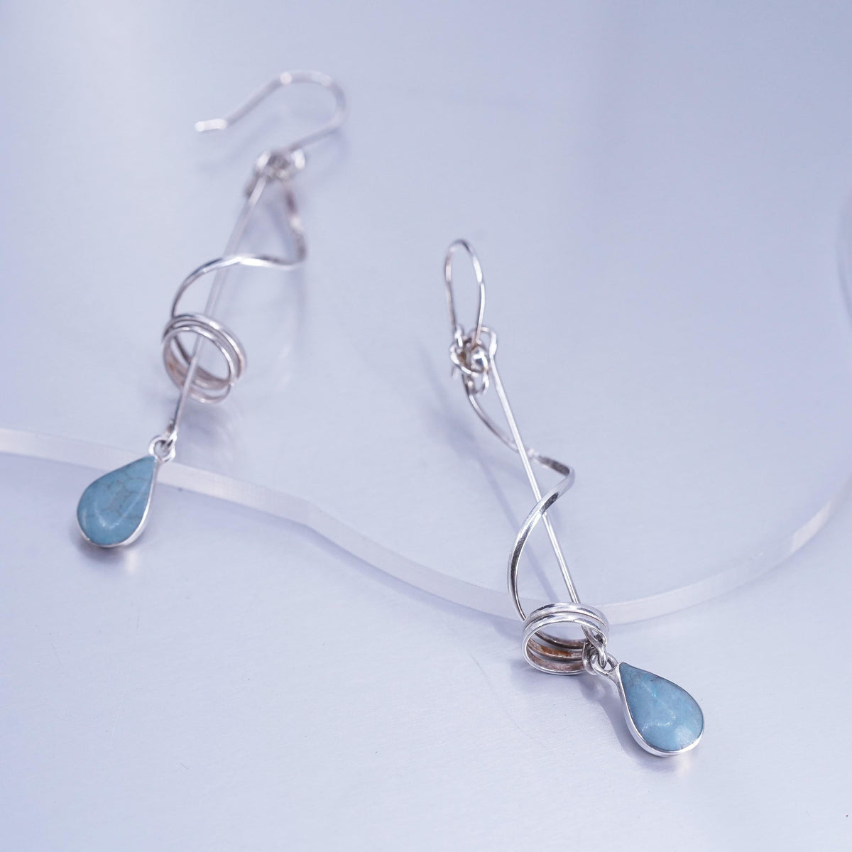 Vintage Mexican sterling 925 silver handmade spiral earrings teardrop turquoise