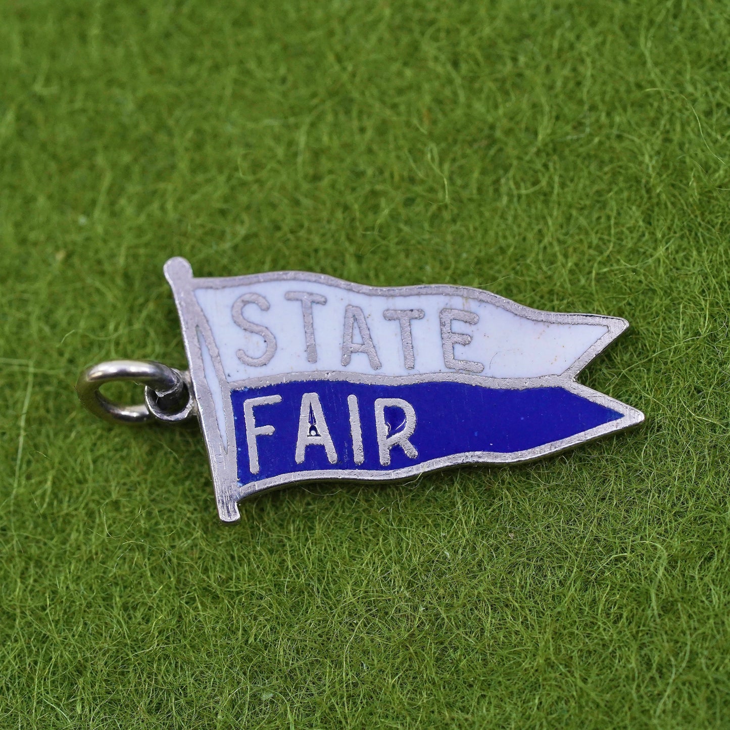 Vintage sterling handmade traveler pendant, 925 enamel state fair tag
