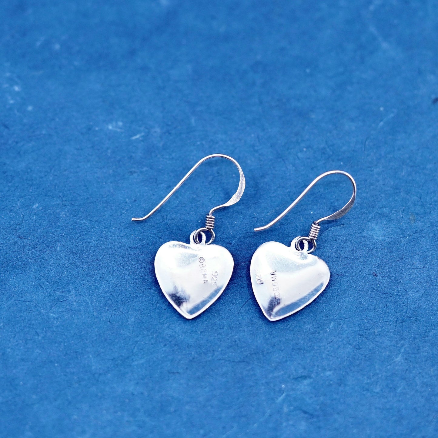 Vintage Boma Sterling silver handmade earrings, textured 925 heart drops