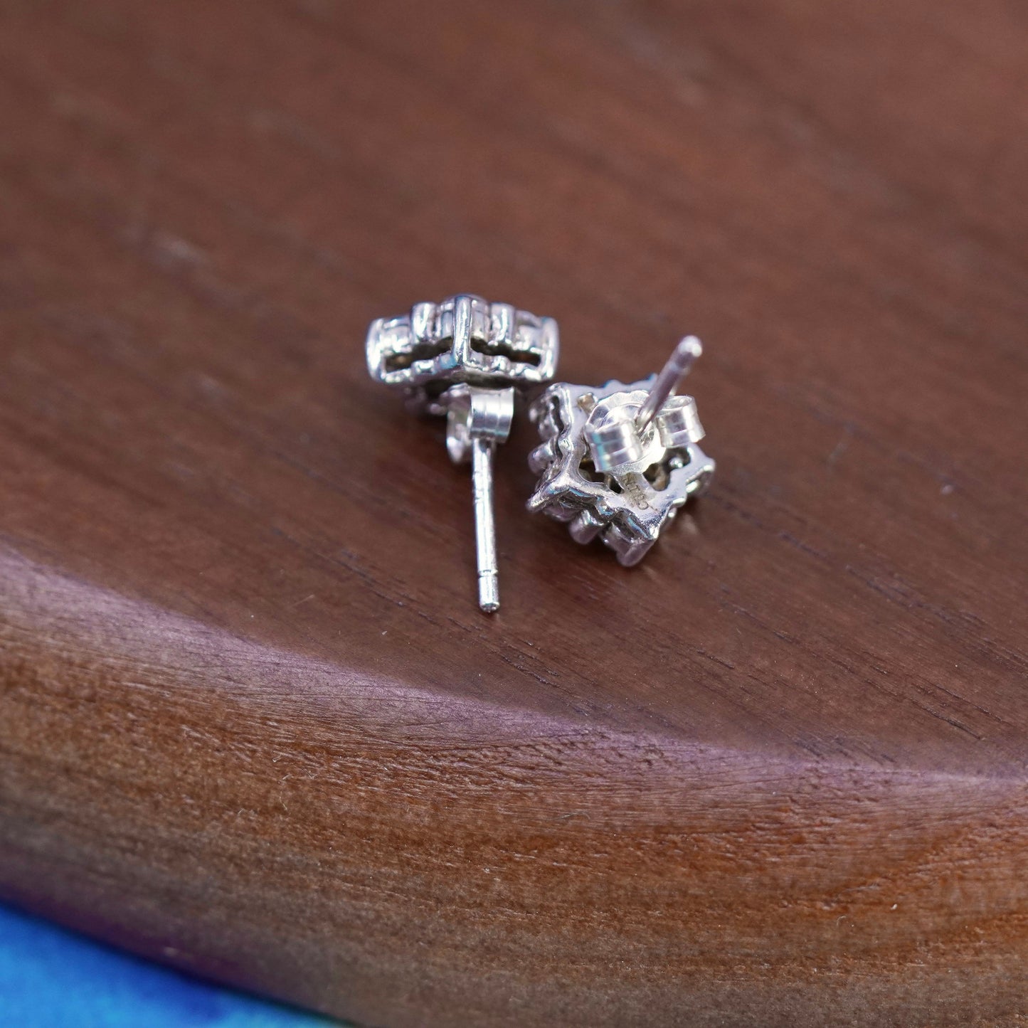 Vintage Sterling silver handmade earrings, 925 flower studs with cz