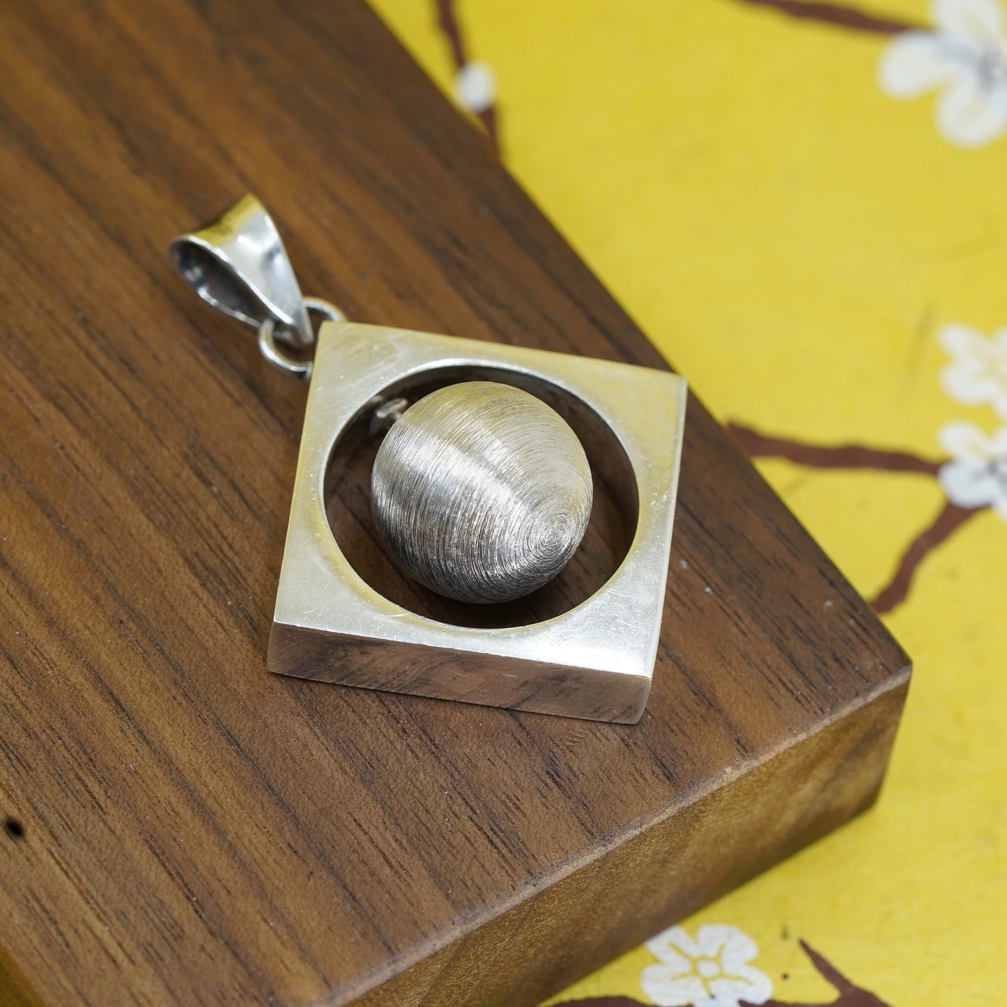 Vintage Mexican Sterling silver handmade pendant, modern 925 square w/ big bead