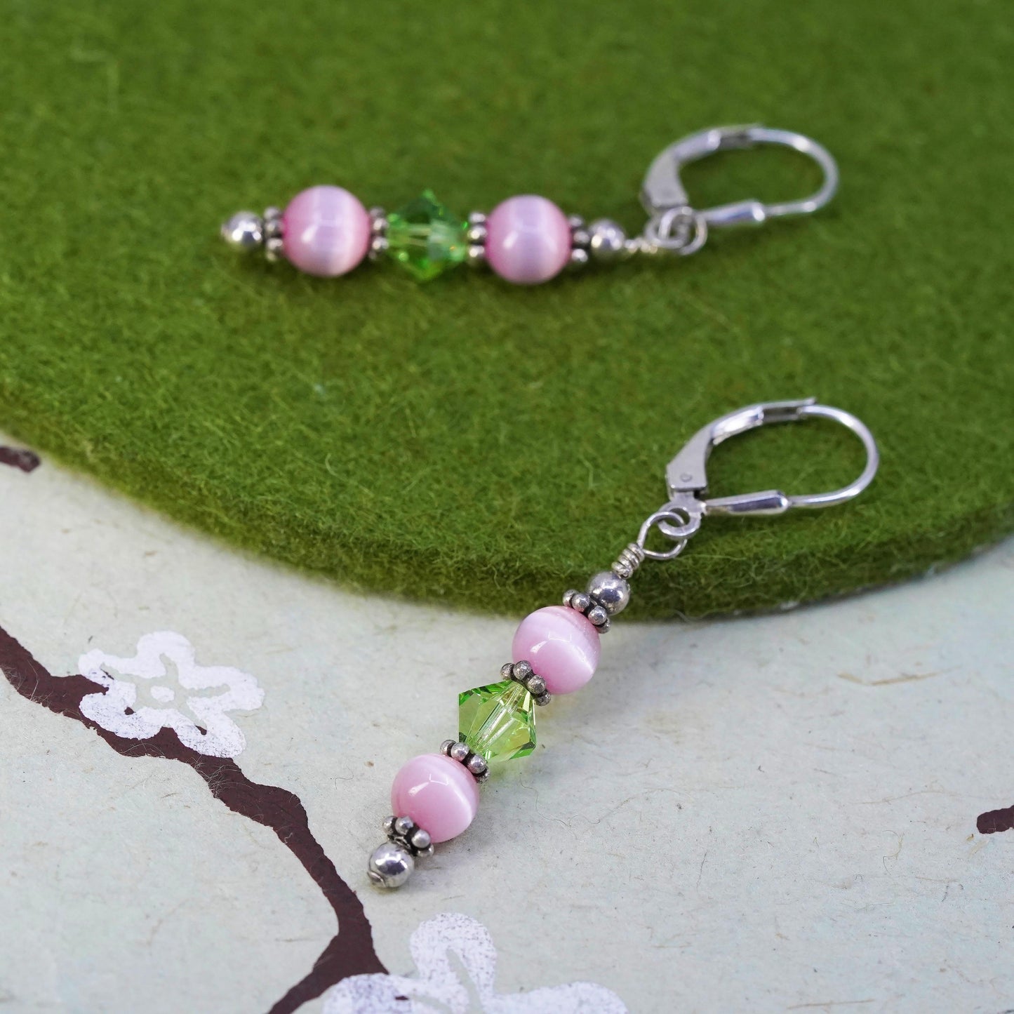 Vintage Sterling 925 silver handmade earrings with pink green cats eye beads