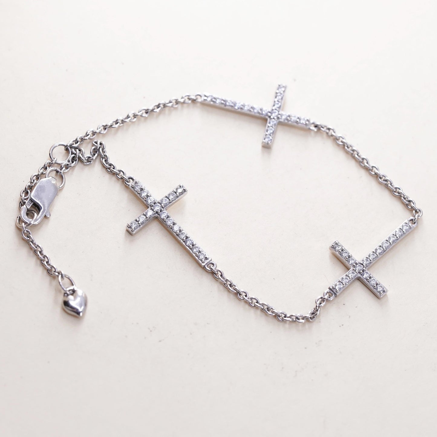 6.5+1”, VTG sterling 925 silver circle chain bracelet cluster cz cross charms