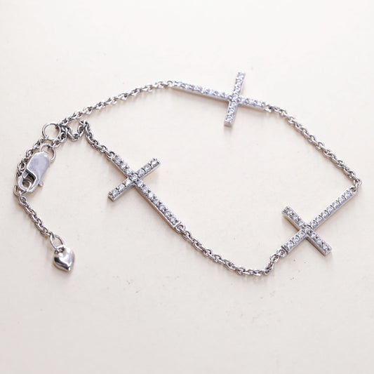 6.5+1”, VTG sterling 925 silver circle chain bracelet cluster cz cross charms