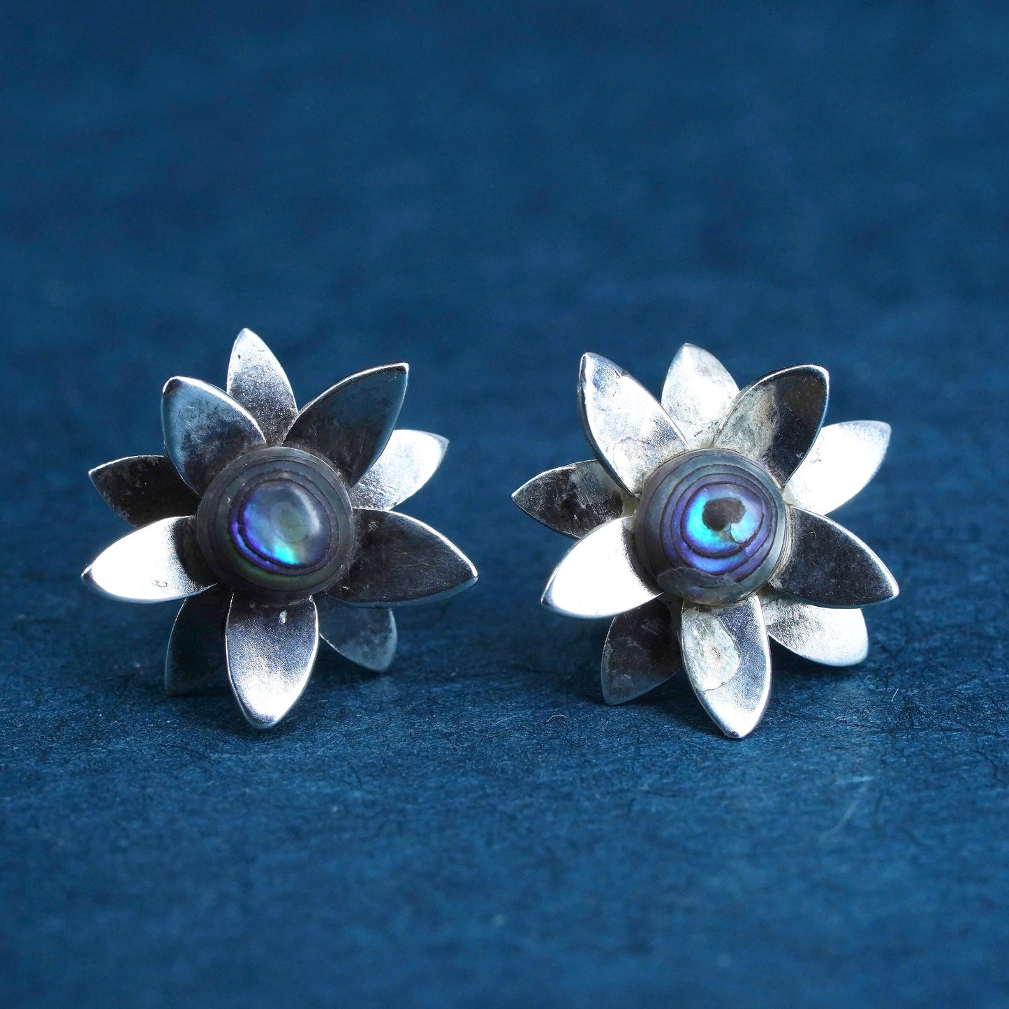 Vintage Sterling silver handmade earrings, 925 silver flower studs with abalone