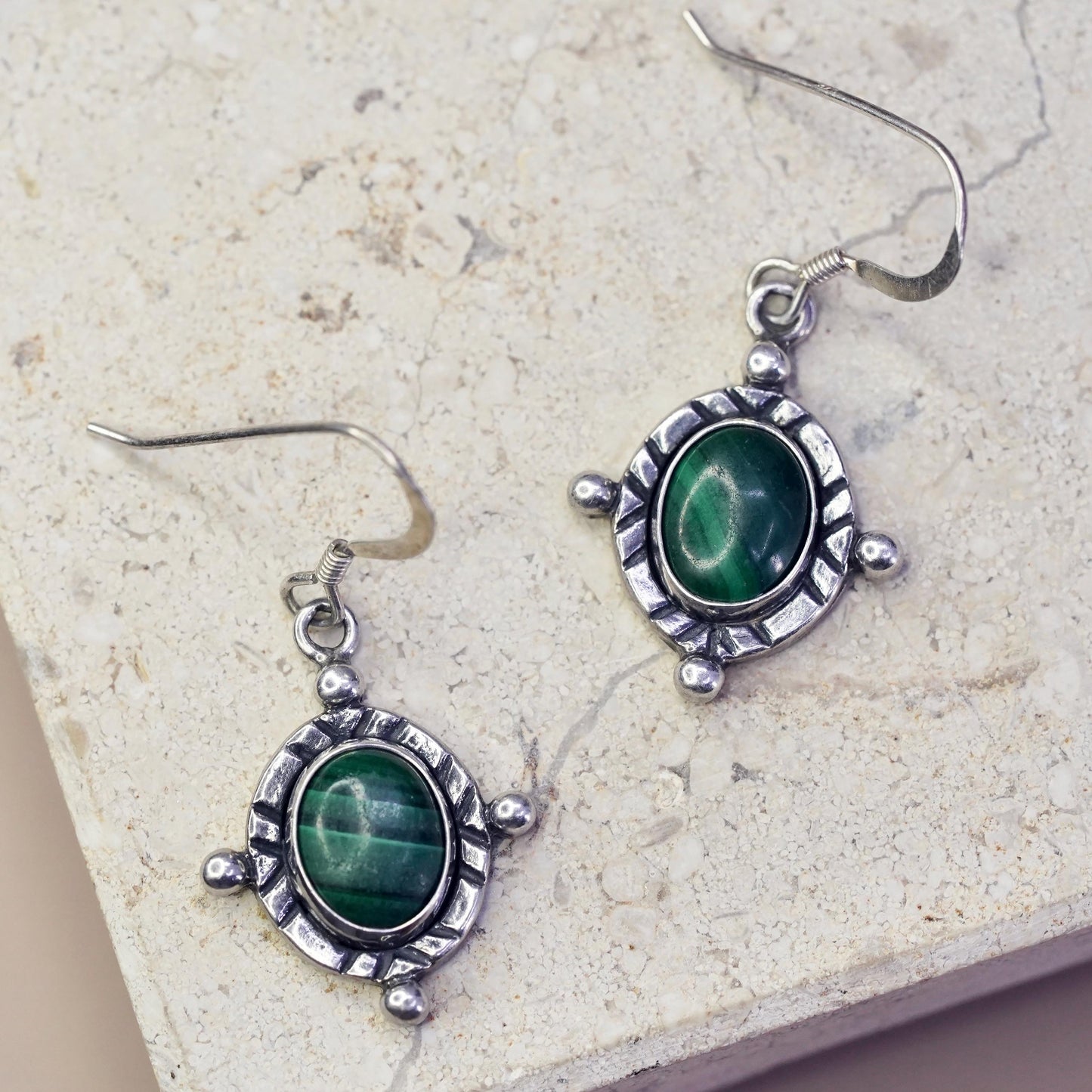 Vintage mexico sterling silver handmade earrings, 925 dangles oval malachite