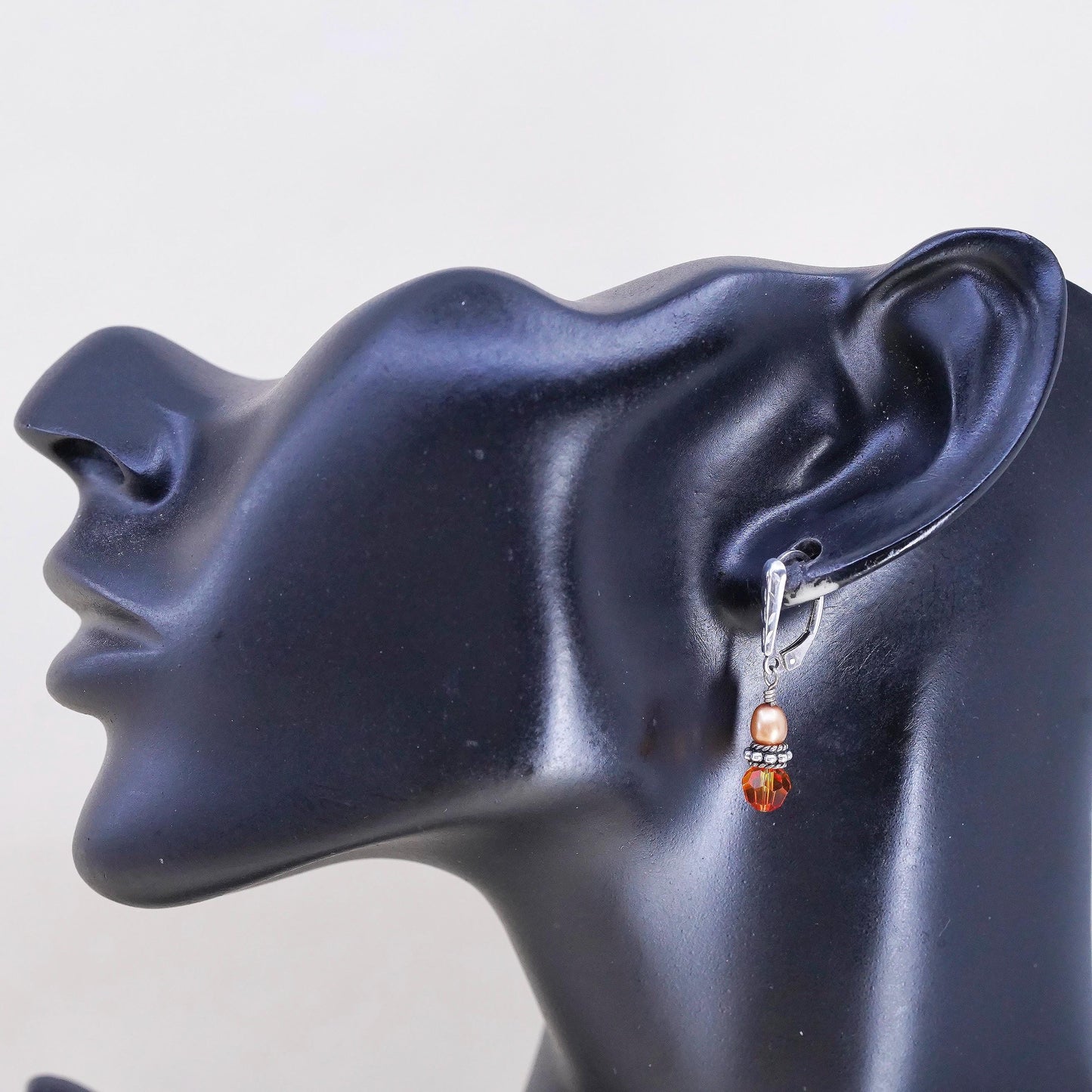 Vintage 925 Sterling silver earrings with orange pearl crystal drops Leverback
