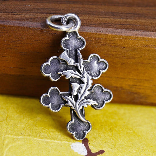 Vintage Sterling Silver 925 Thistle Cross Scottish Thistle Floral Charm Pendant