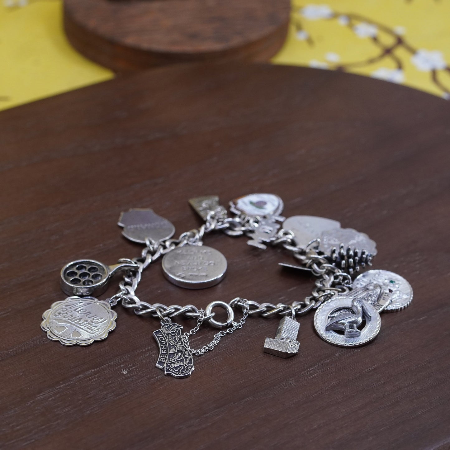7”, vintage Sterling silver handmade bracelet, 925 curb chain with 15 charms