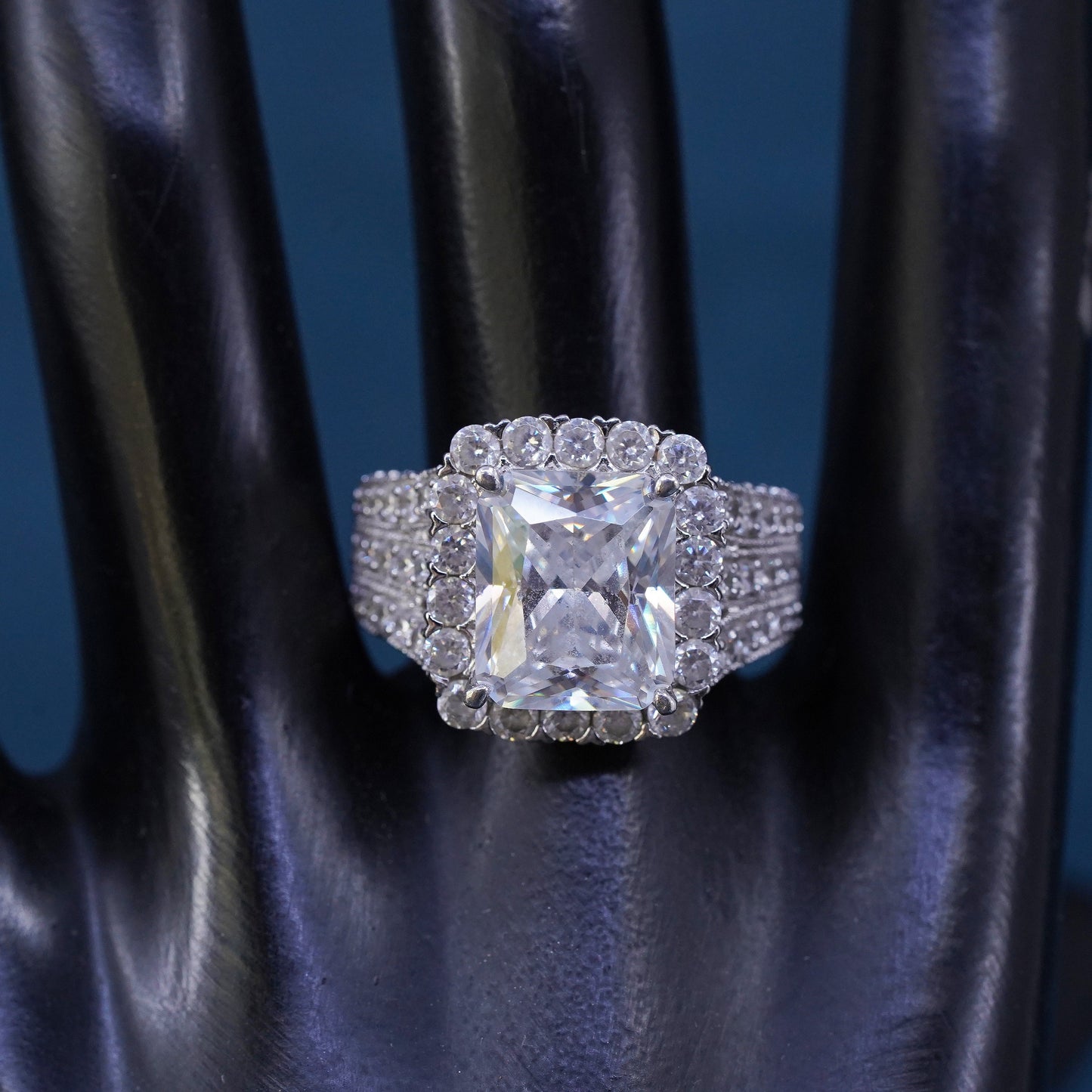 Size 9, vintage Sterling 925 silver engagement anniversary ring with cluster Cz