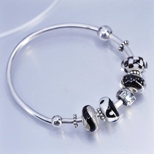 7” 2mm, Vintage Sterling 925 silver handmade bracelet, bangle with glass beads