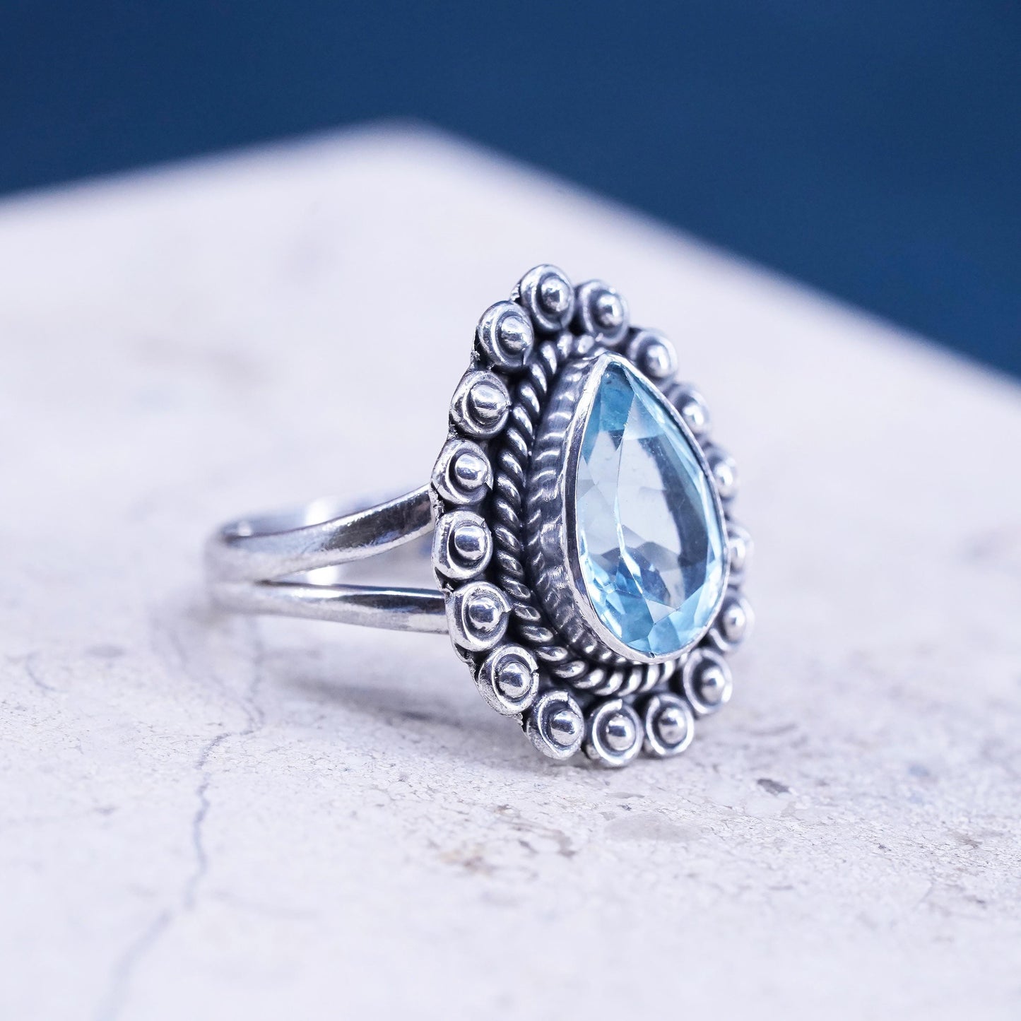 Size 7.25, vintage YS Sterling 925 silver handmade ring teardrop topaz beads