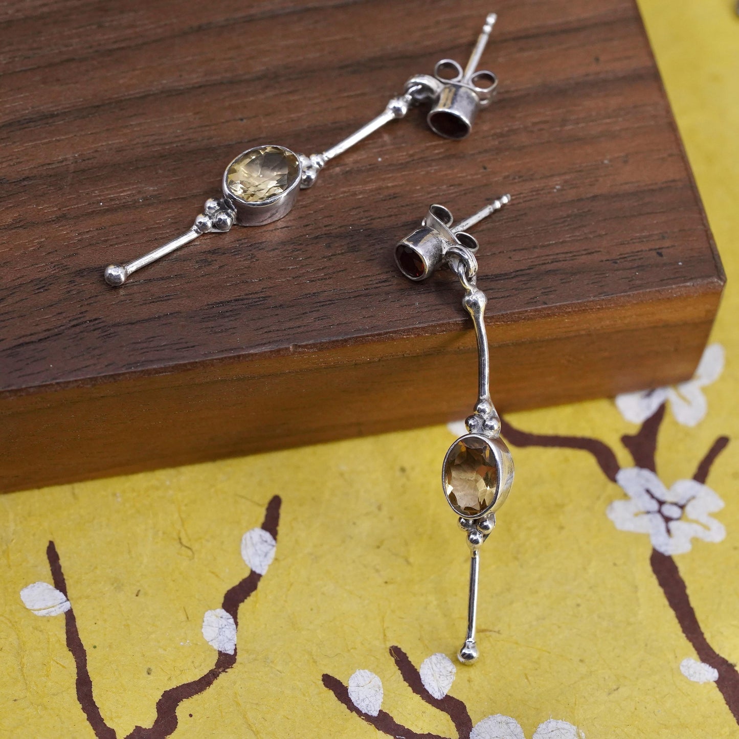 Vintage Sajen sterling 925 silver handmade long earrings with citrine