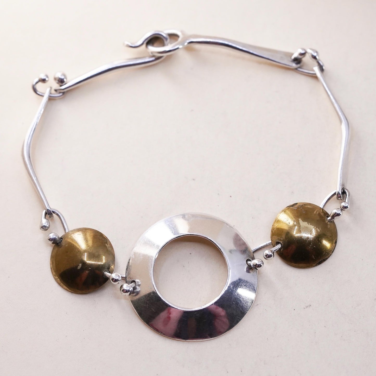 6.25”, Vintage Mexican two tone sterling silver bracelet, 925 disc chains brass