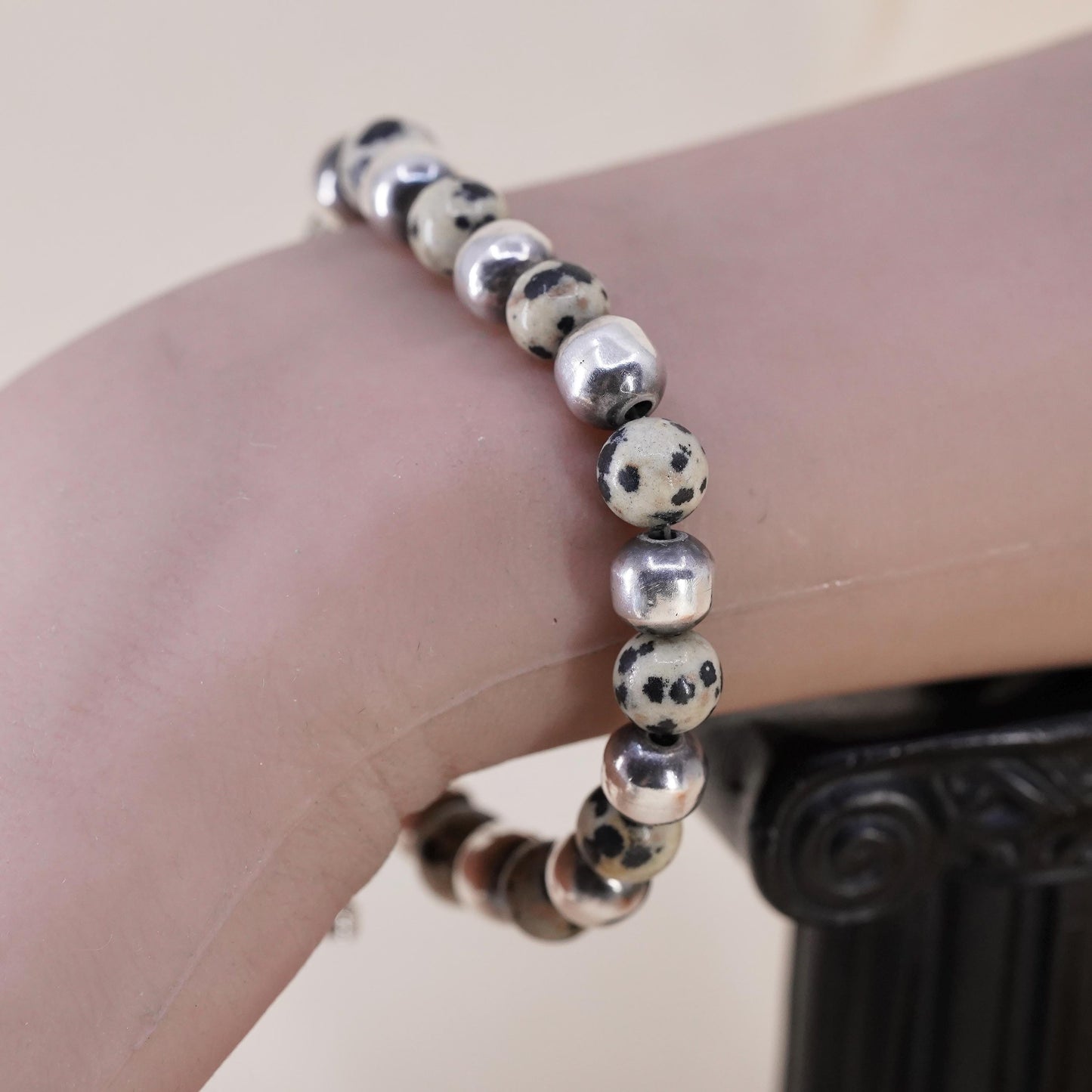 6.5”, Sterling Silver 925 Dalmatian Jasper Bead Bracelet, Spotted Jasper Beaded