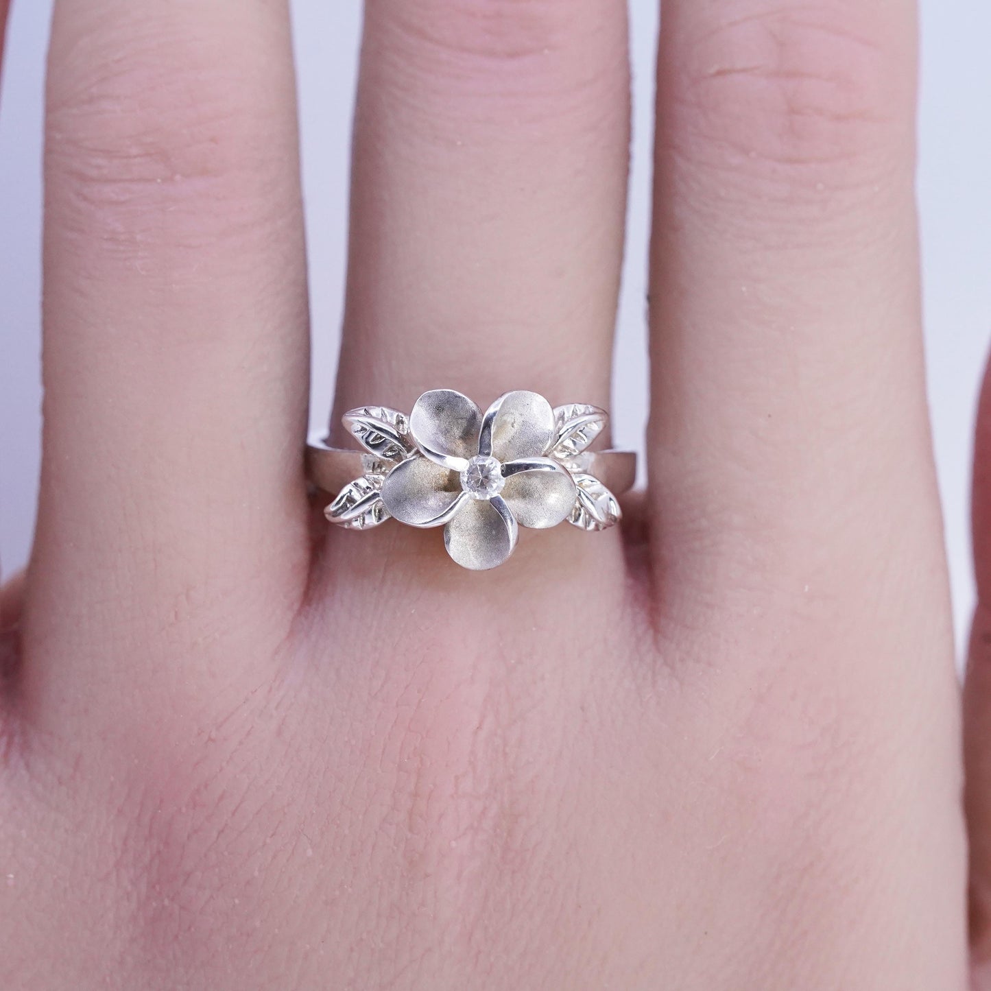 Size 9.5, vintage Sterling 925 silver handmade ring, plumeria flower band cz
