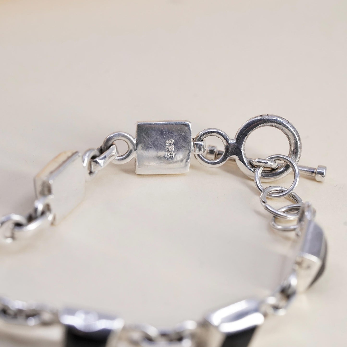 7.75", Vintage Mexican Sterling Silver Black Onyx Bracelet, Square Onyx chain