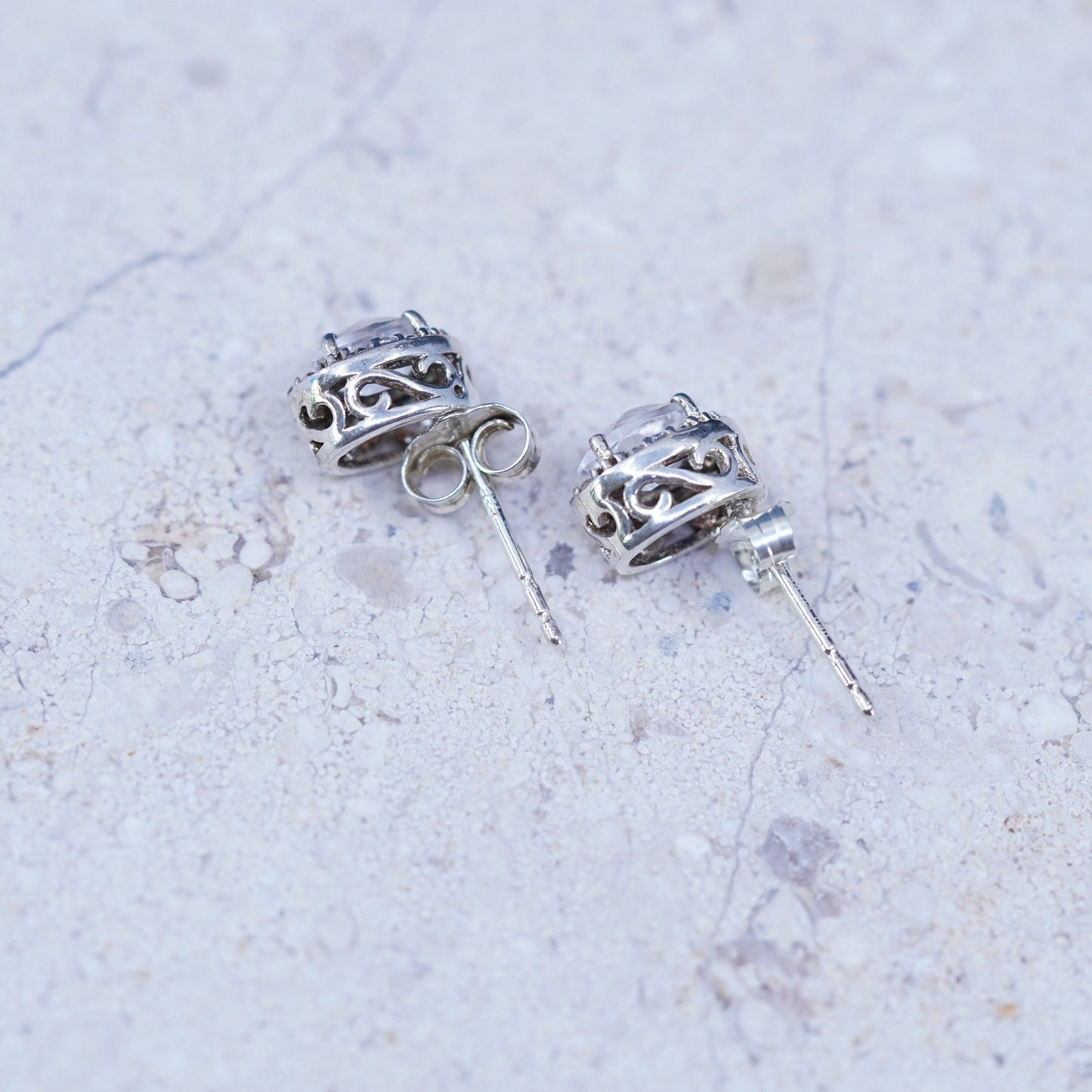 Vintage sterling silver handmade earrings, 925 studs with cluster CZ inlay