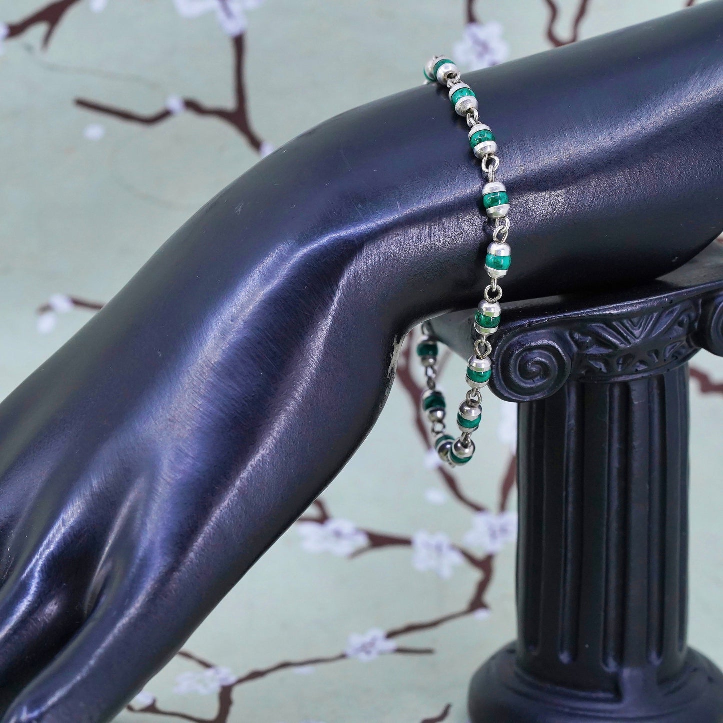 6.75”, Vintage Sterling silver handmade bracelet, 925 chain w/ malachite beads