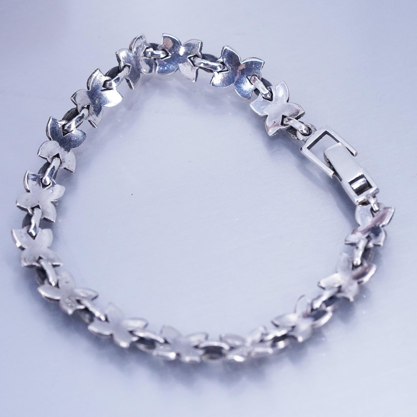 7.5”, VTG Sterling 925 silver handmade bracelet, marcasite floral tennis chain