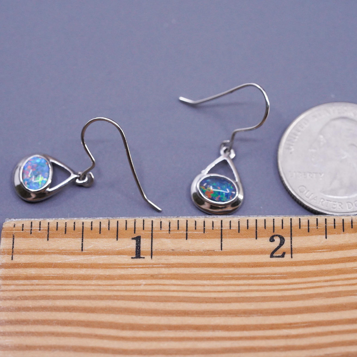 Vintage Sterling silver handmade earrings, 925 oval drops with fire opal