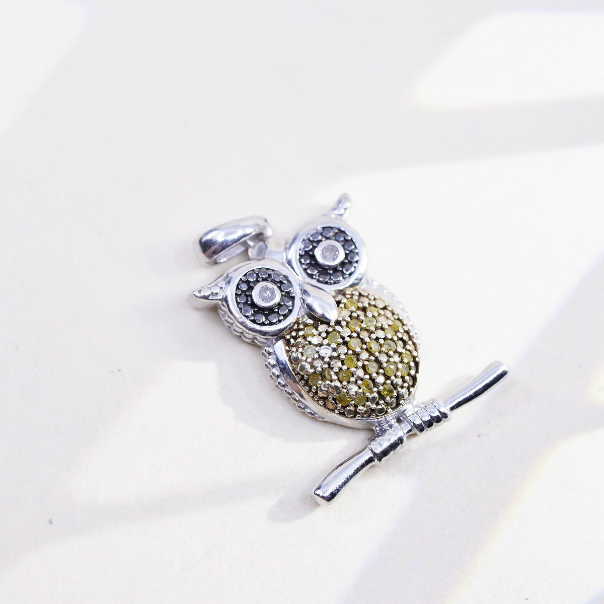 Vintage sterling 925 silver owl bird pendant and cluster yellow diamonds