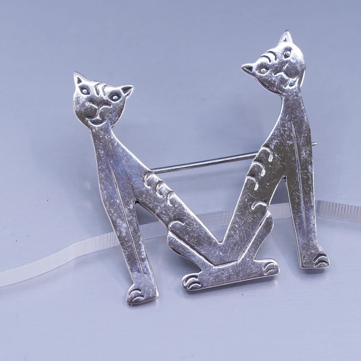 Vintage sterling silver handmade brooch, 925 letter M kitty cat pin