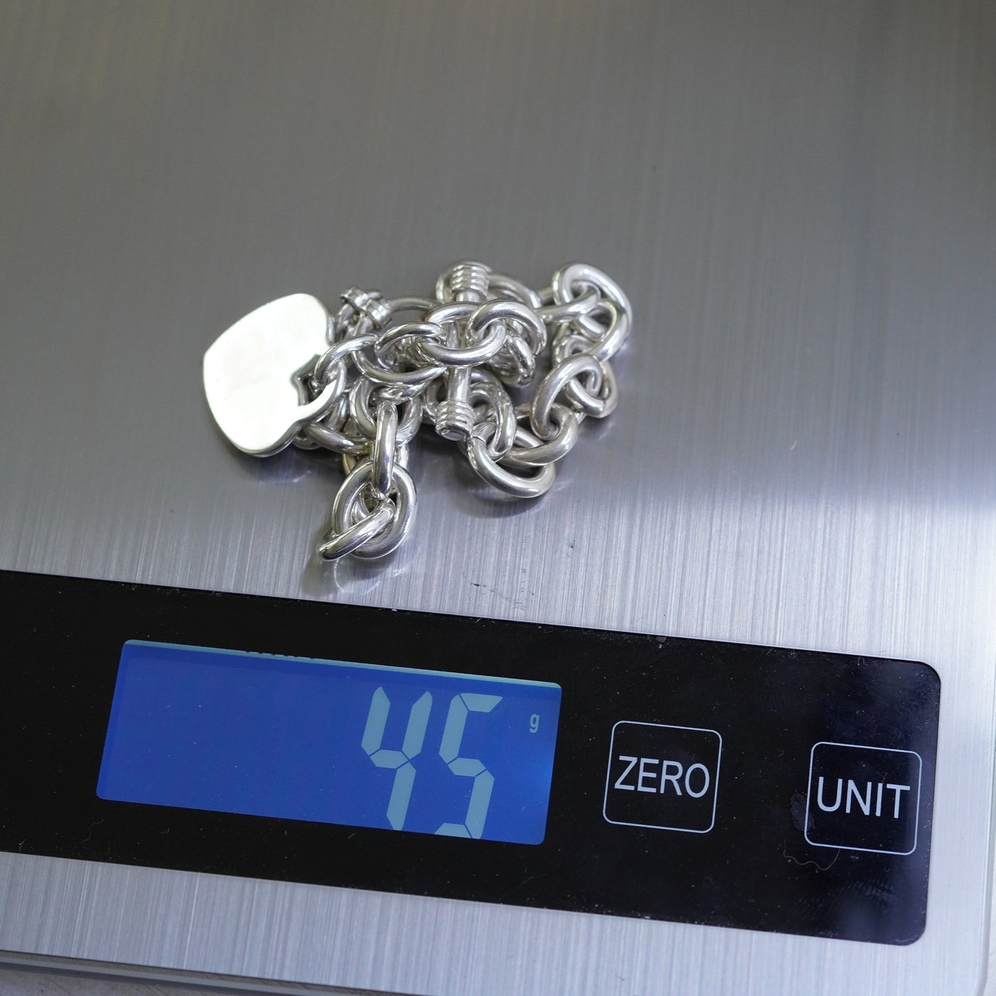 7.5", Sterling silver handmade bracelet, 925 bold oval chain w/ heart tag charm