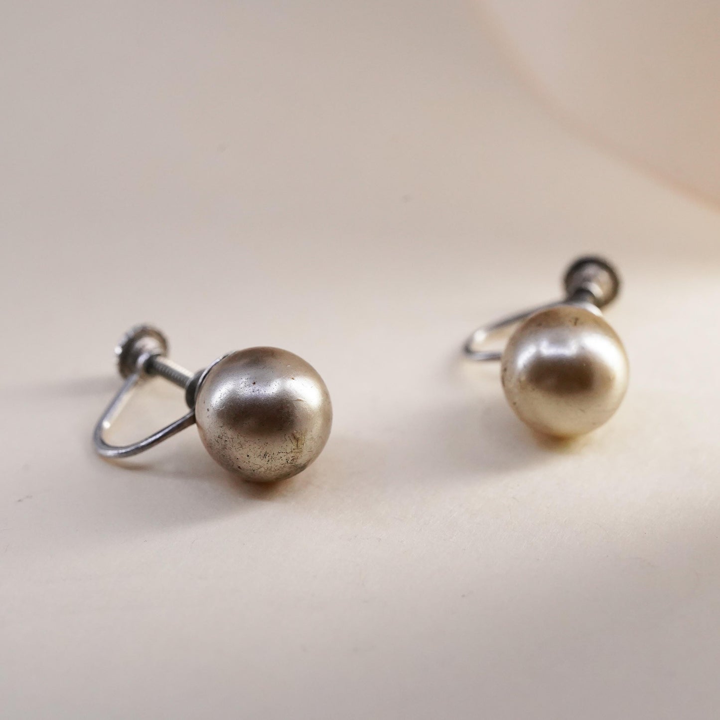 Vintage sterling 925 silver handmade earrings screw back with faux pearl