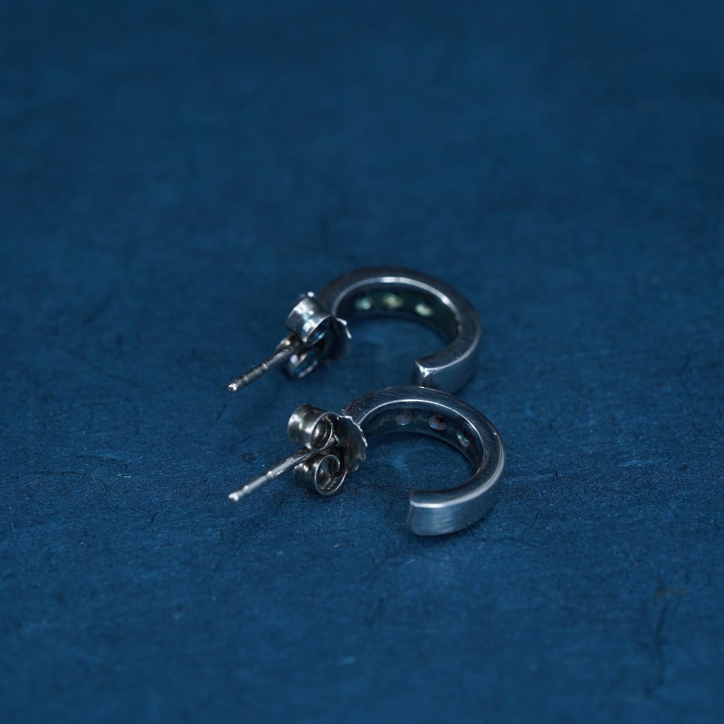 0.5”, Vintage Sterling silver earrings, 925 huggie studs with diamond inlay