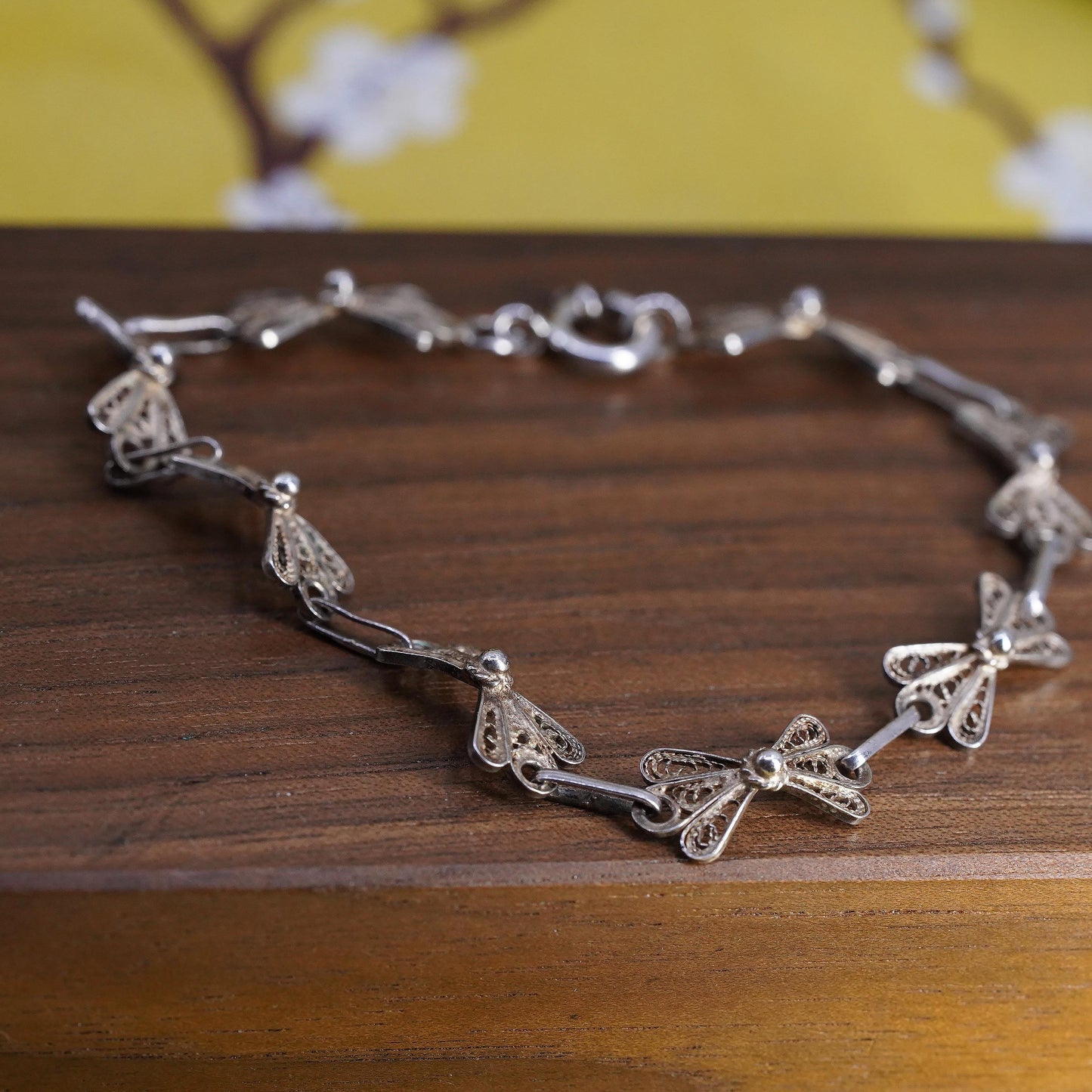 7.5", VTG 925 Sterling silver handmade bracelet, filigree ribbon bow tie chain
