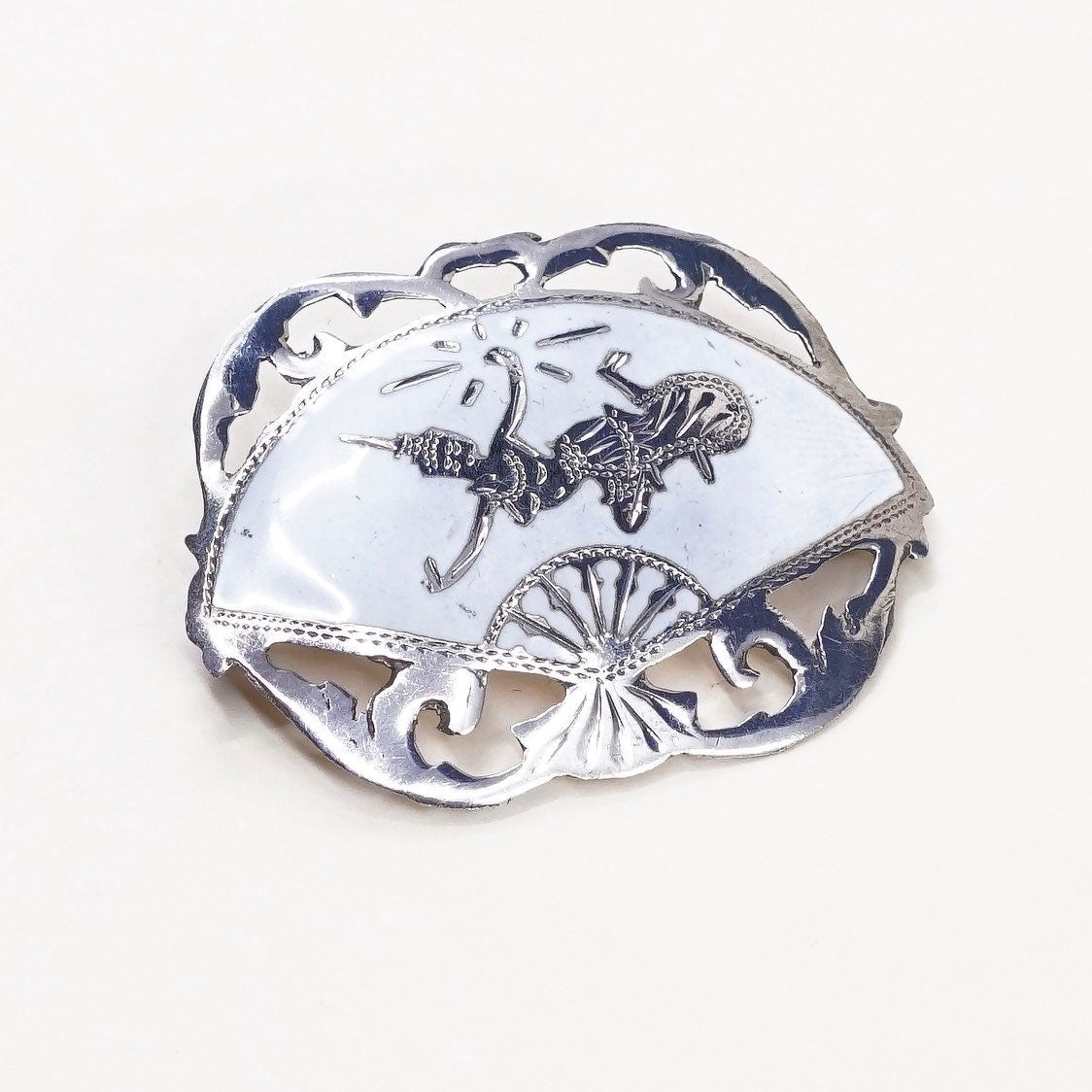 Vintage sterling silver handmade brooch, Indian 925 silver goddess, stamped Siam sterling