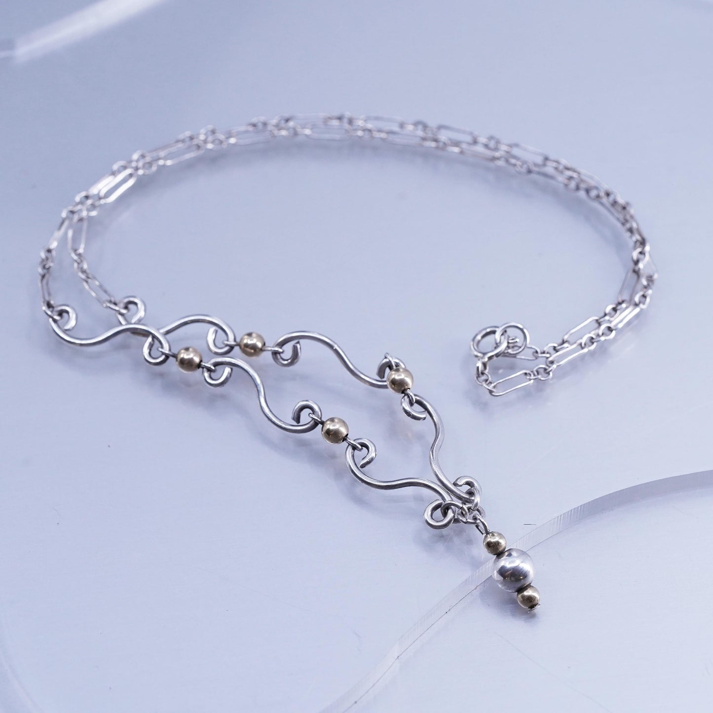 17”, vintage Sterling 925 silver elongated chain necklace with 14K gold beads