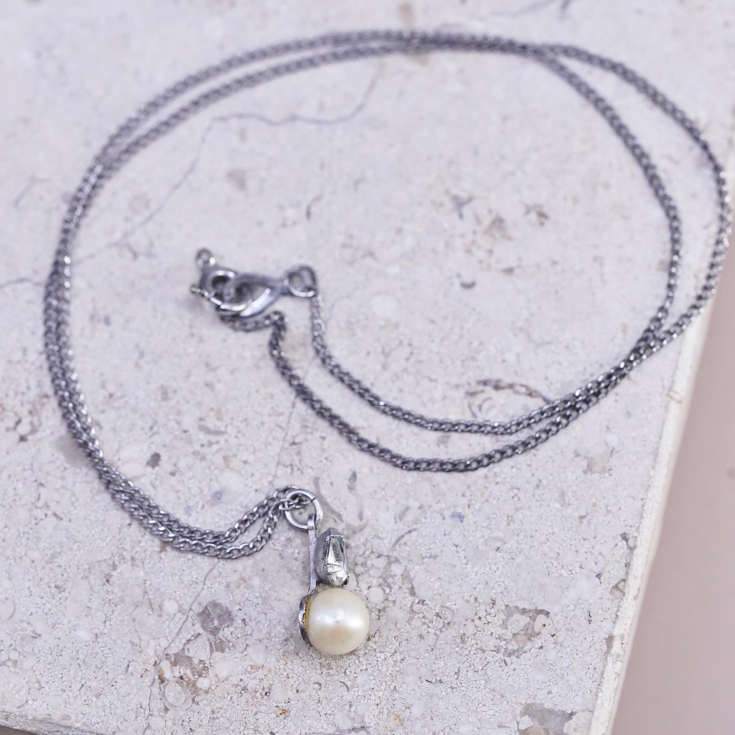 16", vintage Sterling silver necklace, 925 curb chain with pearl pendant and cz