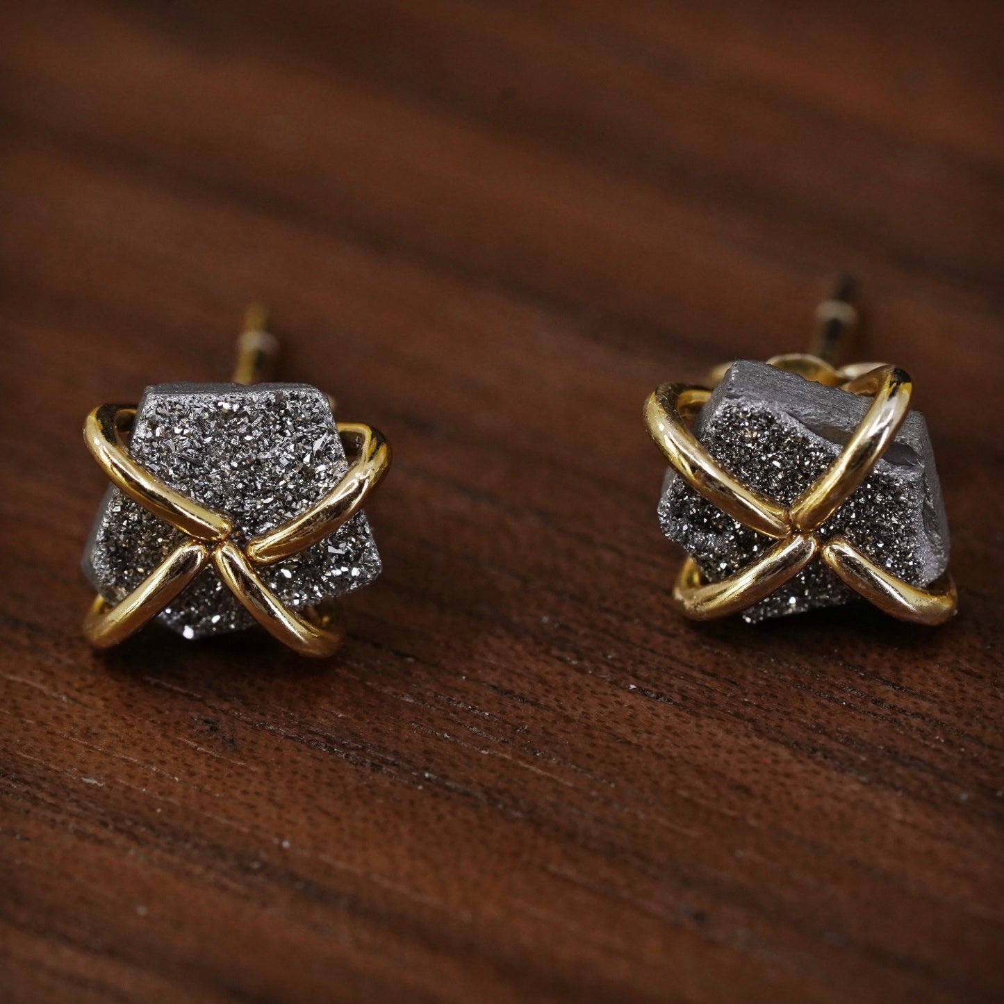 Vermeil gold over Sterling silver natural druzy agate studs, earrings