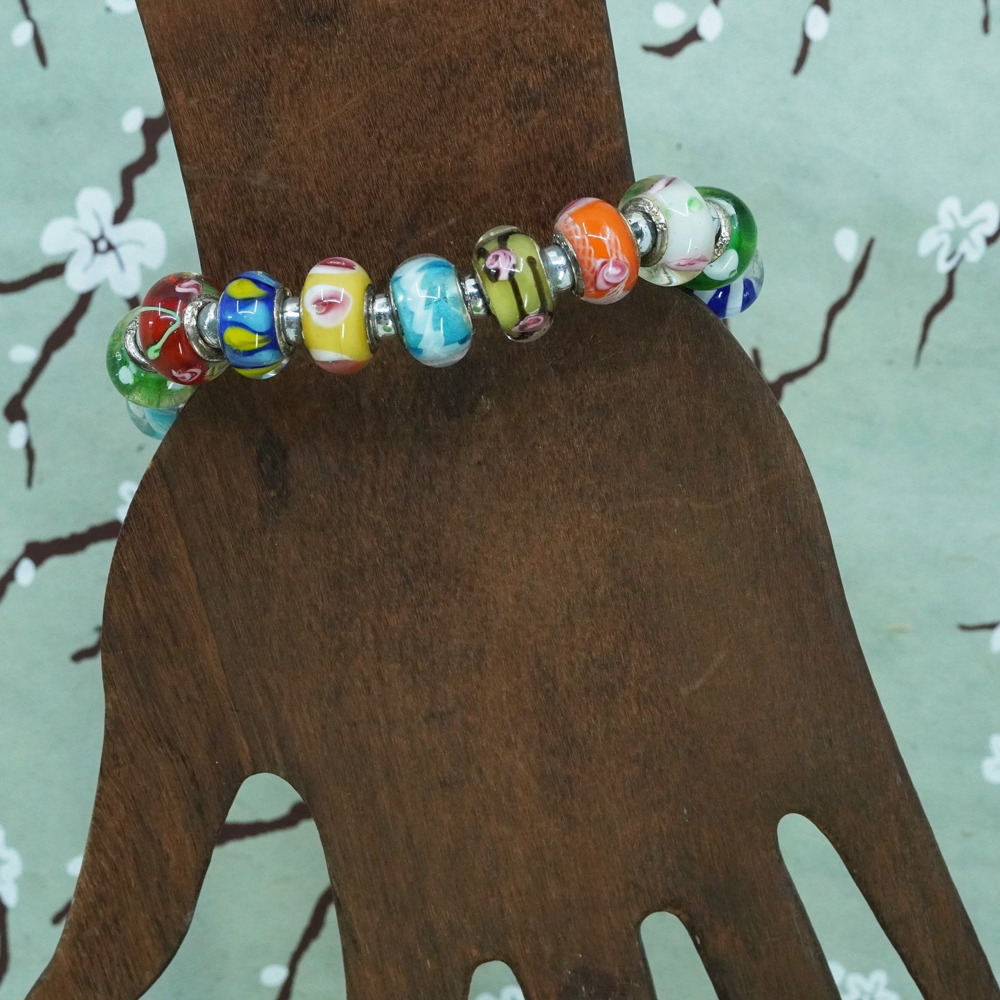 6”, artisan Murano glass colorful beads with sterling 925 silver trims