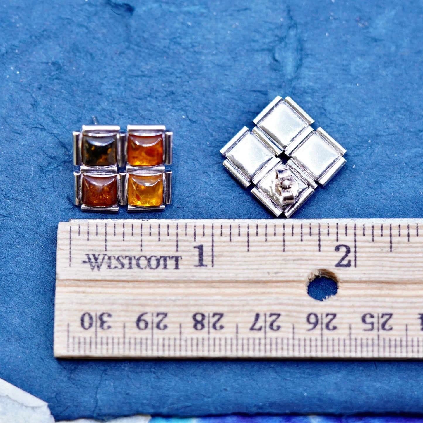 Vintage sterling silver handmade earrings, 925 square studs with amber