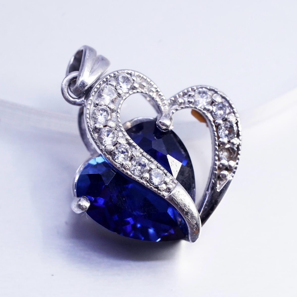 Vintage sterling 925 silver double heart pendant with sapphire and cz crystal