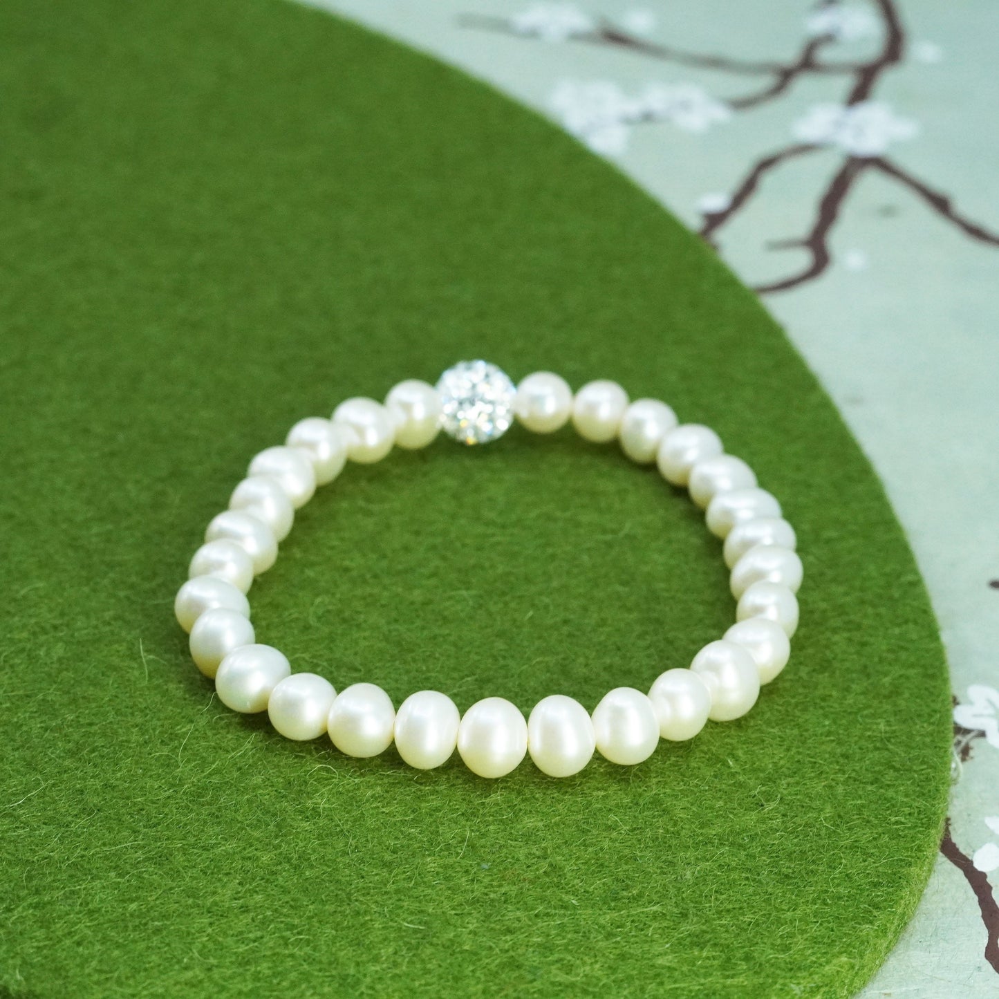 6.25”, Vintage handmade bracelet, freshwater pearl with elastic band
