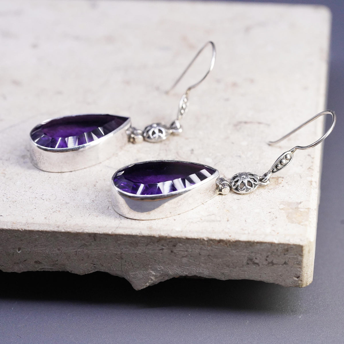 Vintage sterling 925 silver handmade teardrop earrings with amethyst