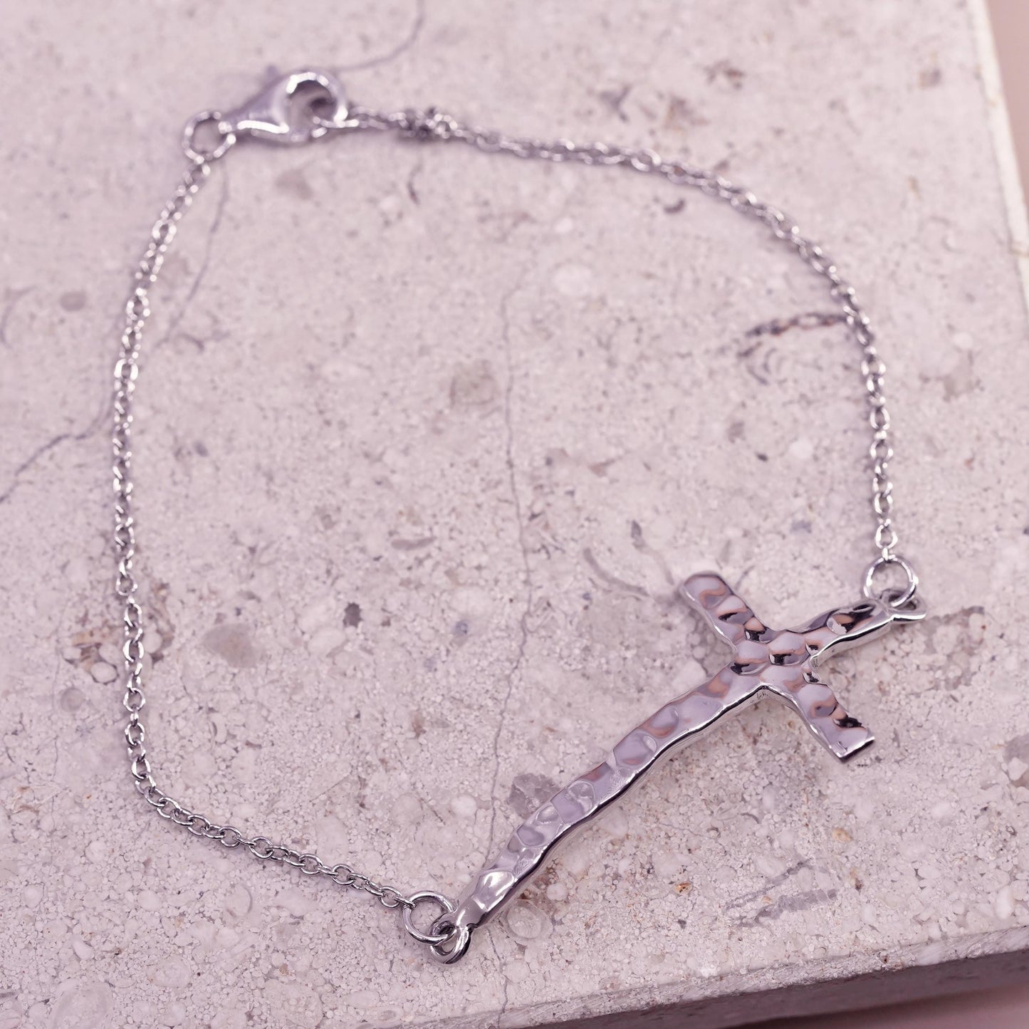 7", vintage Sterling silver bracelet, 925 circle chain hammered cross charm