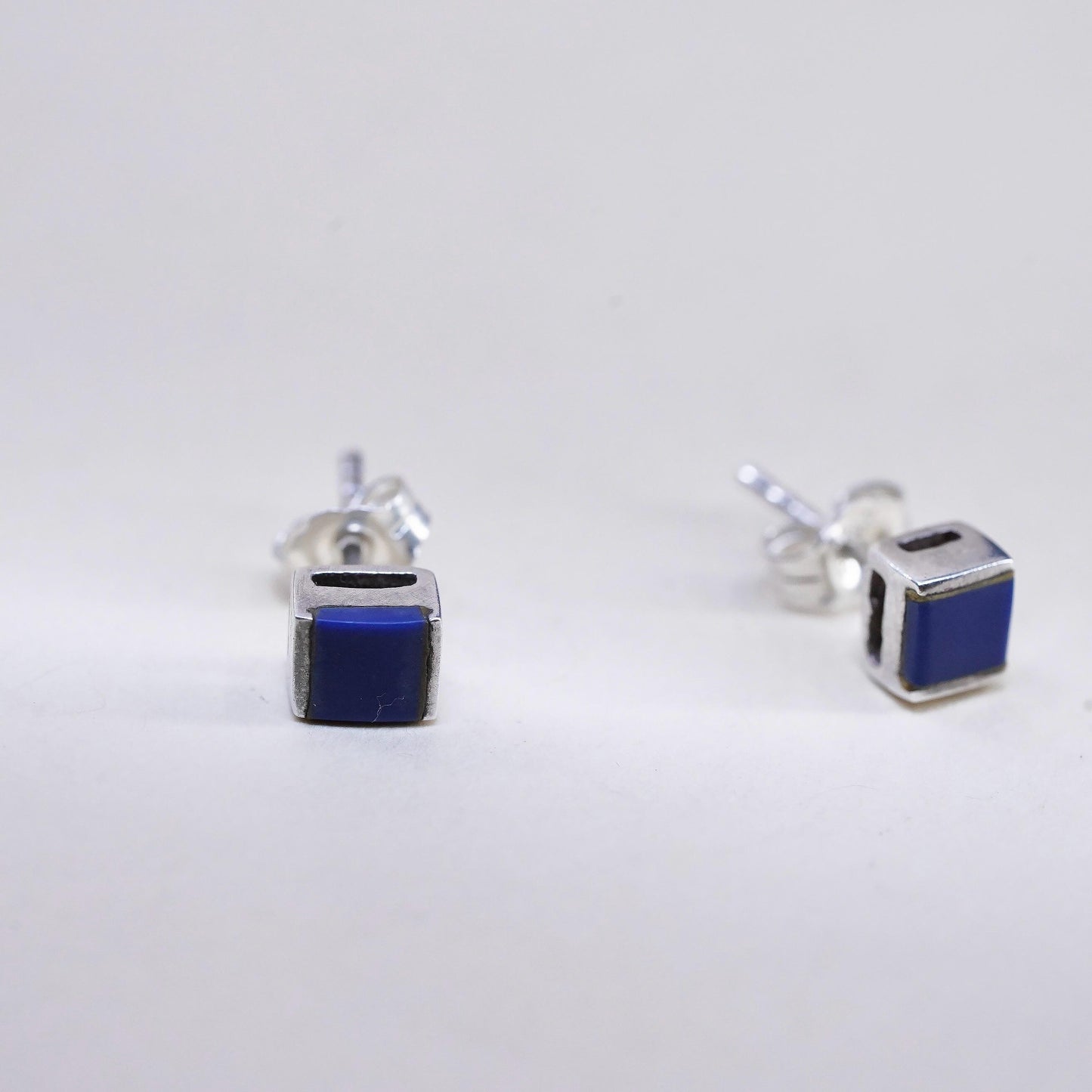 VTG southwestern Sterling 925 silver handmade square studs earrings blue onyx