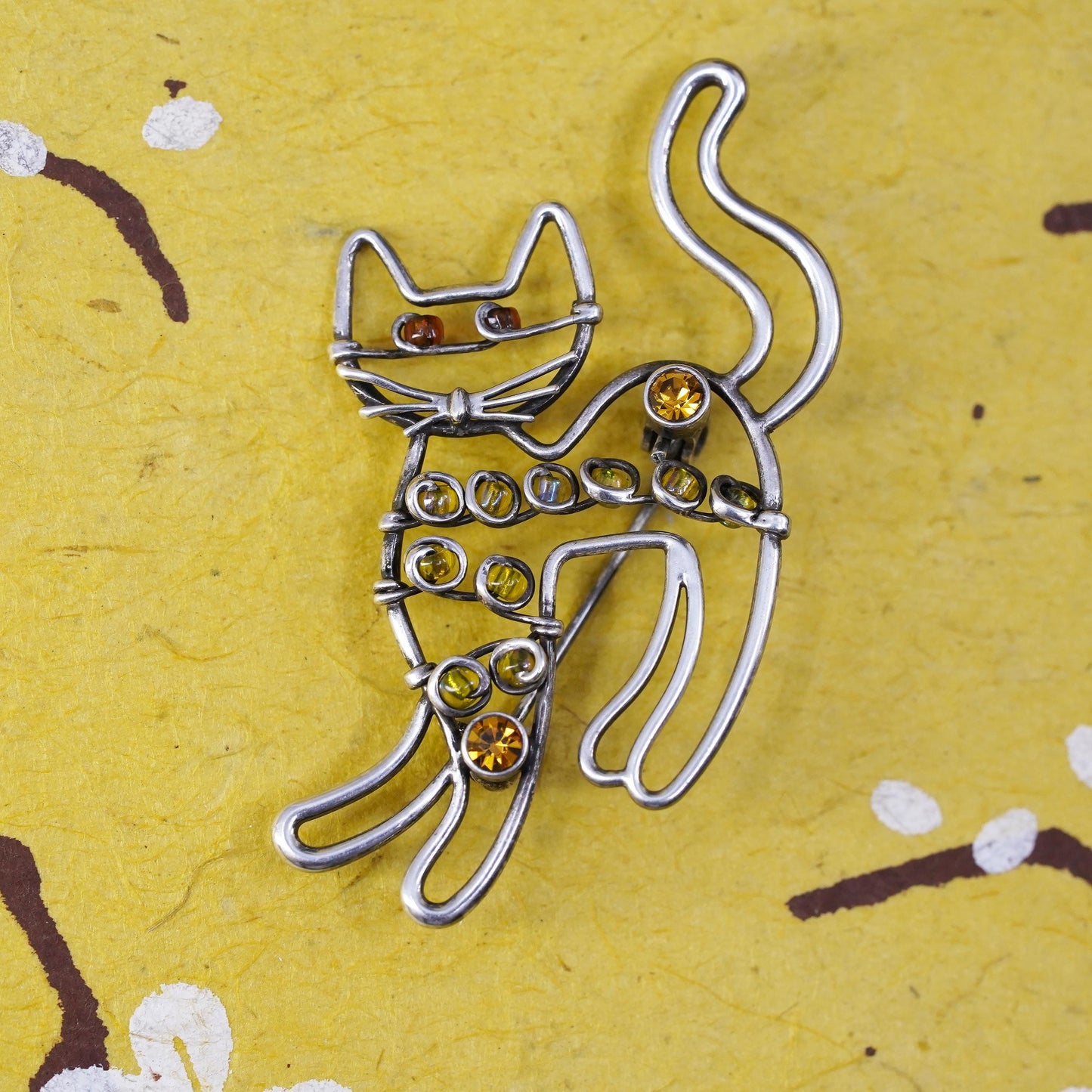 Vintage southwestern sterling 925 silver handmade kitty cat brooch pin amber
