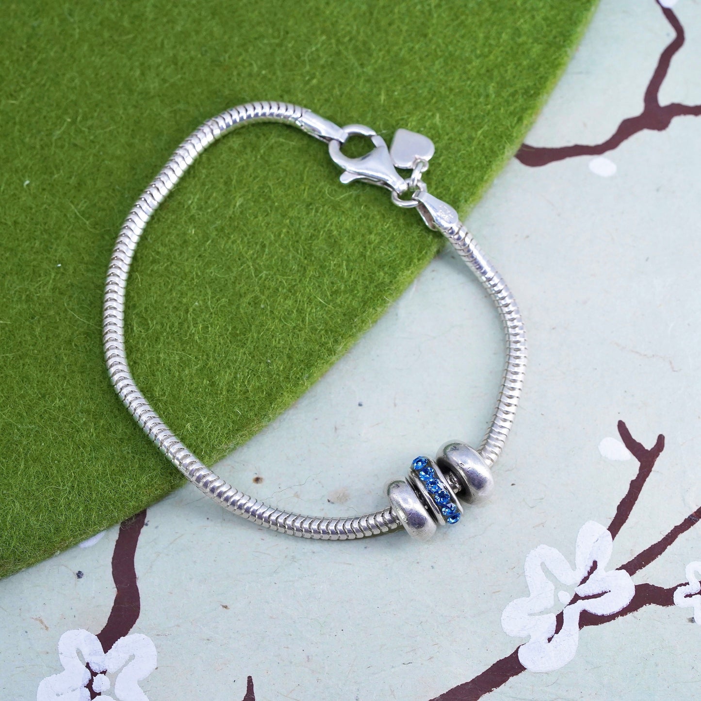 6.5”, vintage Cham sterling silver charm bracelet, 925 snake chain bead charm