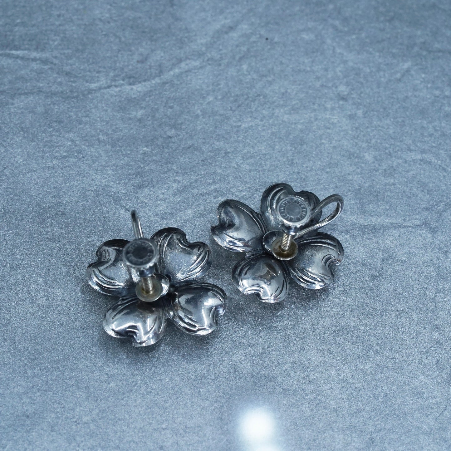 Vintage NYE Sterling 925 silver handmade earrings, screw back dogwood flower