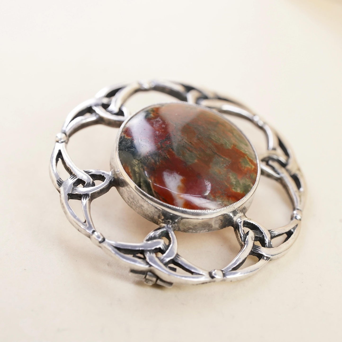 Scottish Sterling Silver Moss Agate Brooch, Celtic Knot Circle Pin, jewelry
